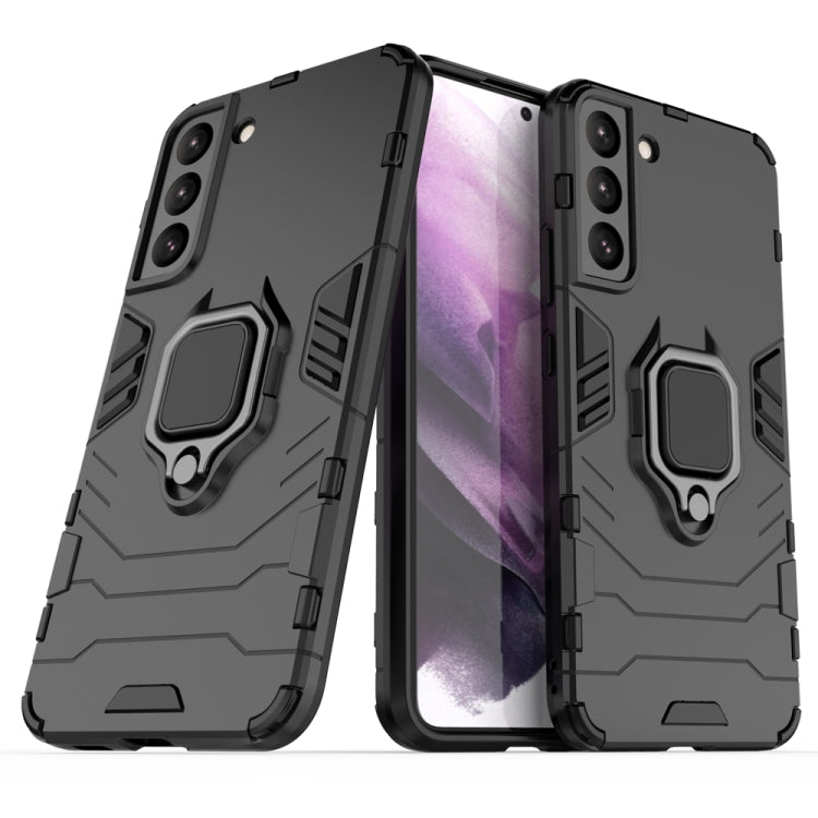 Black rugged phone case with magnetic ring stand, raised corners, and camera cutouts
