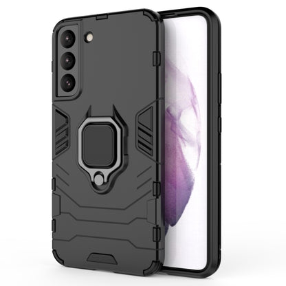 Black rugged protective phone case with magnetic ring stand and open camera ports