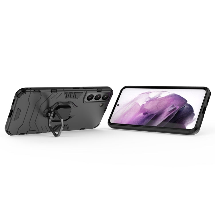 Black rugged phone case with magnetic ring stand; side profile and screen view