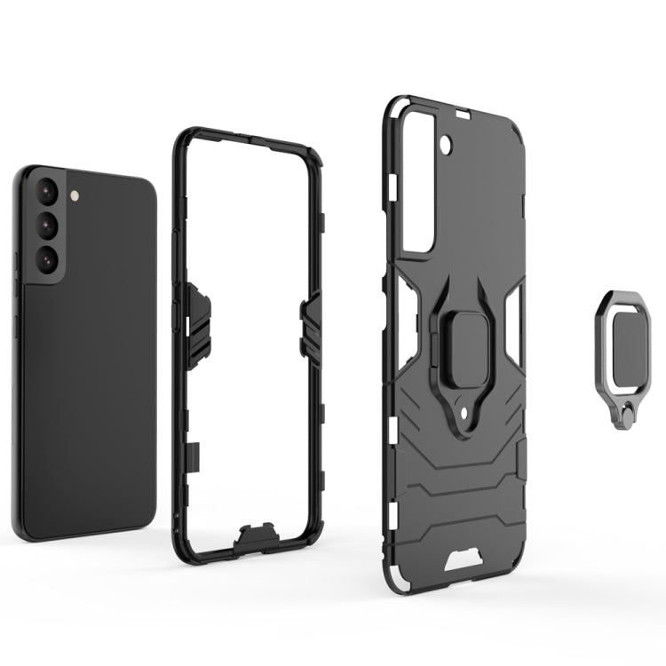 Dark gray rugged phone case with magnetic ring stand and side button covers