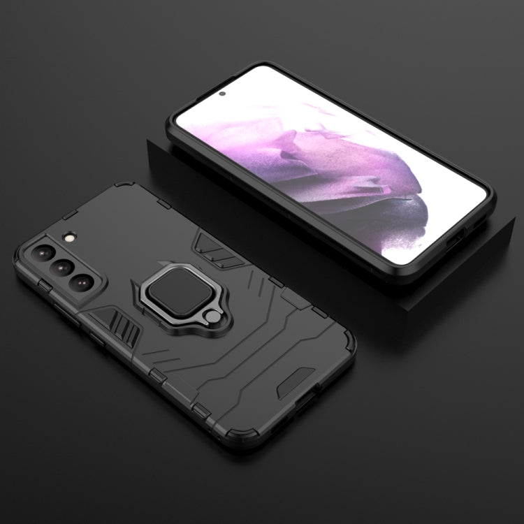 Dark gray rugged phone case with magnetic ring stand, textured back, and camera cutouts
