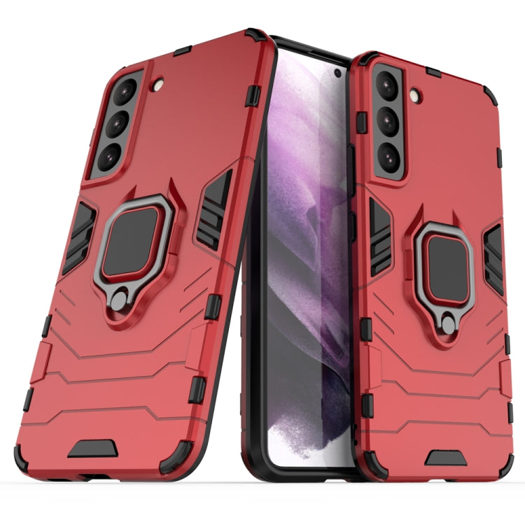 Red rugged phone case with magnetic ring stand and raised frame for protection
