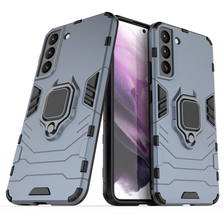 Navy gray shockproof phone case with magnetic ring holder and raised camera cutouts