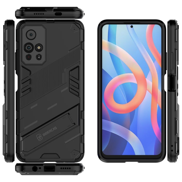 Black rugged phone case with textured grip panels, kickstand, and camera cutouts