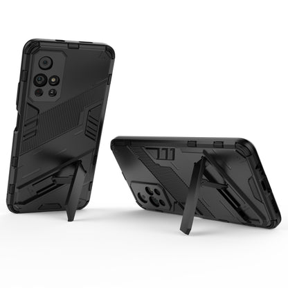 Black rugged shockproof phone case with built-in kickstand and textured protective corners