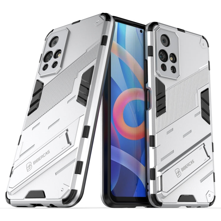 Shockproof armored phone case with built-in holder, white/gray rugged pattern
