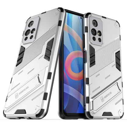 Shockproof armored phone case with built-in holder, white/gray rugged pattern
