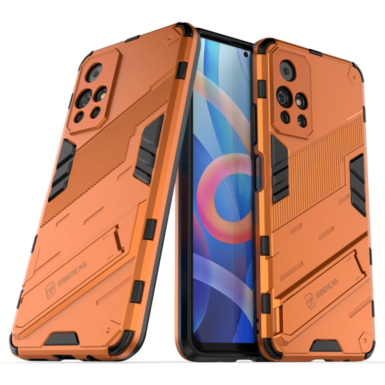Shockproof armored phone case with built-in holder, orange rugged pattern