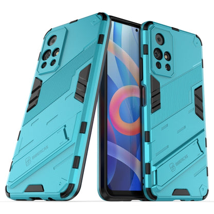 Shockproof armored phone case with built-in holder, teal rugged pattern