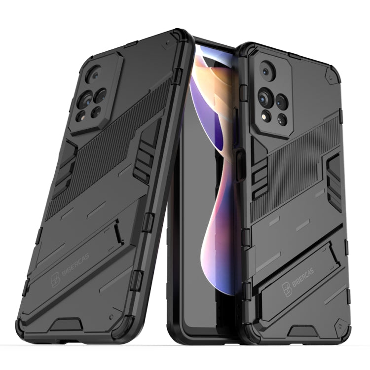 Shockproof armored phone case with built-in holder, black rugged armor design