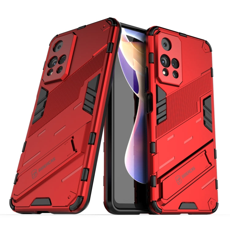 Shockproof armored phone case with built-in holder, red rugged armor design