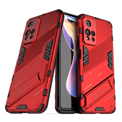 Shockproof armored phone case with built-in holder, red rugged armor design