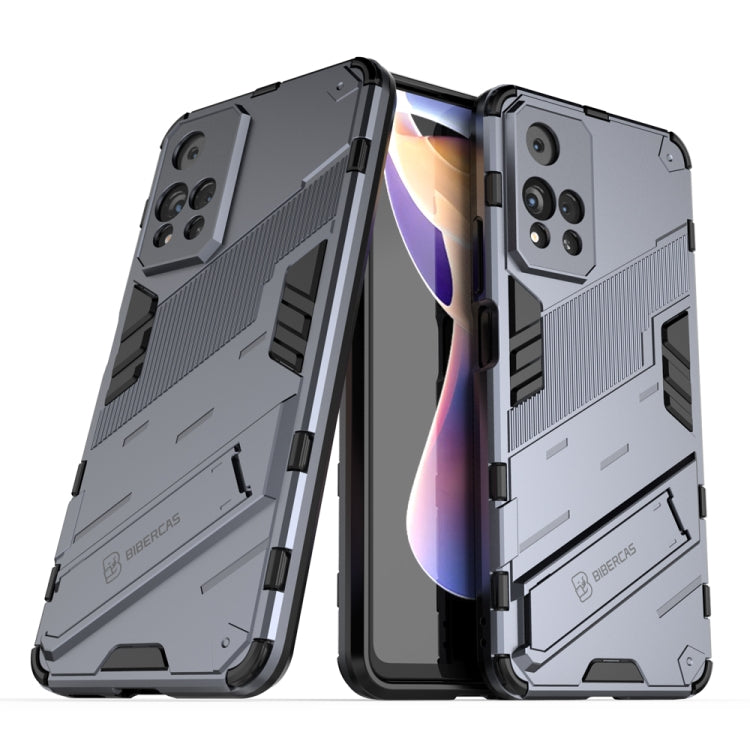 Shockproof armored phone case with built-in holder, dark gray rugged armor design