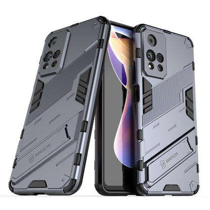 Shockproof armored phone case with built-in holder, dark gray rugged armor design