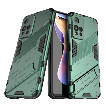 Shockproof armored phone case with built-in holder, green rugged armor design