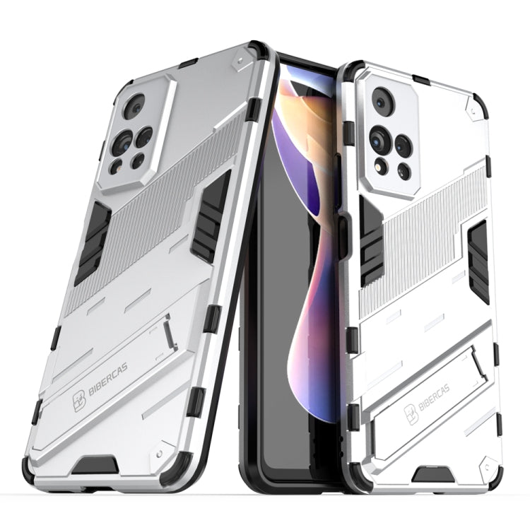 Shockproof armored phone case with built-in holder, white rugged armor with black accents