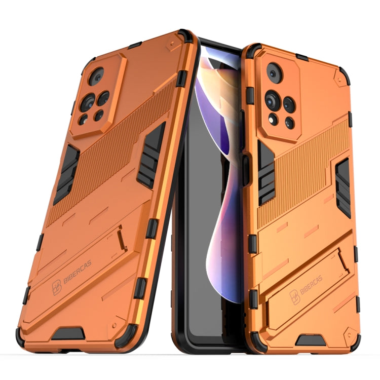 Shockproof armored phone case with built-in holder, burnt orange rugged armor design