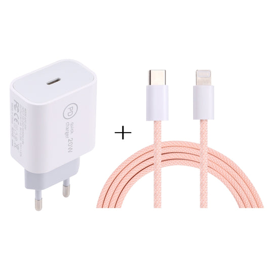 White travel USB-C PD charger with light-pink USB-C to 8-pin cable set