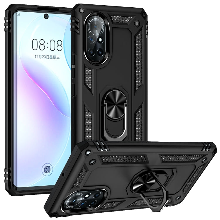 Black shockproof phone case with rotating 360 holder and rugged TPU/PC protection