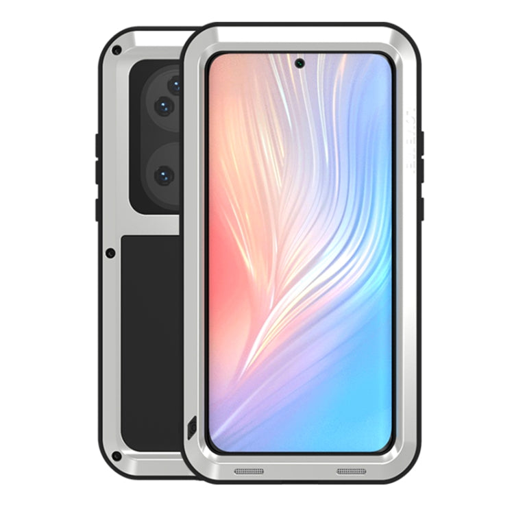 Silver rugged phone case with metal frame, raised screen edge, and protective camera cutouts