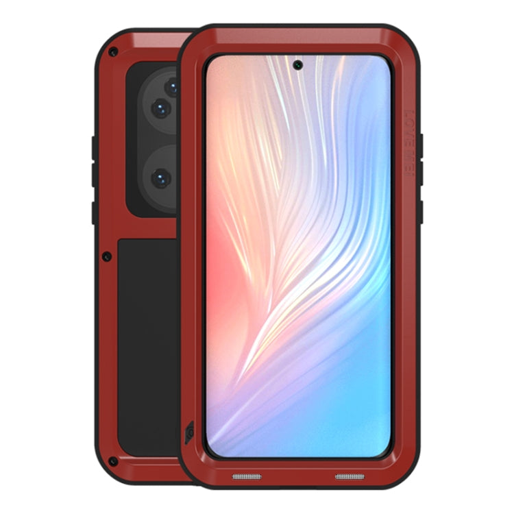 Red rugged phone case with metal frame and protective cover for camera and side buttons