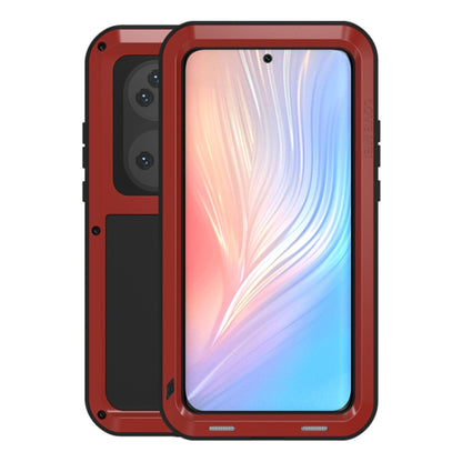Red rugged phone case with metal frame and protective cover for camera and side buttons