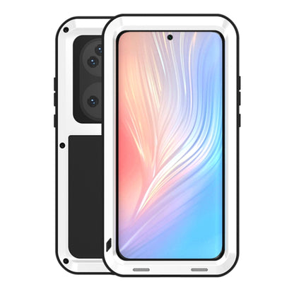 White rugged phone case with metal frame, raised screen lip, and camera cutouts