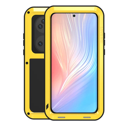 Yellow rugged phone case with metal frame, protective cover, and camera cutouts