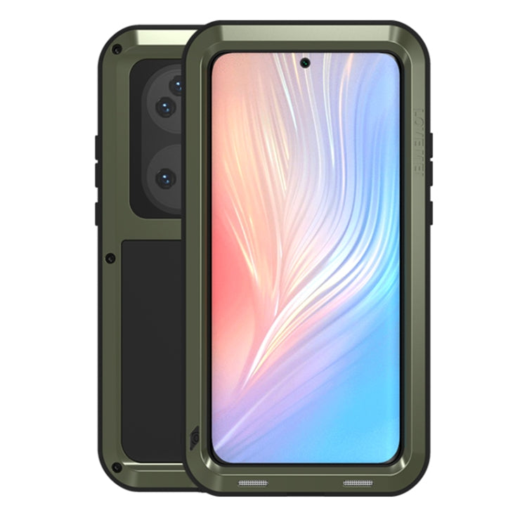 Green rugged phone case with metal frame, raised screen edge, and camera cutouts