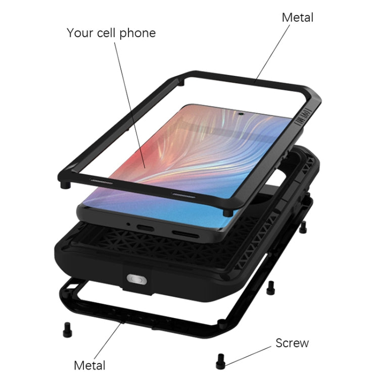 Rugged phone case with metal frame and screws, shown in an open install view