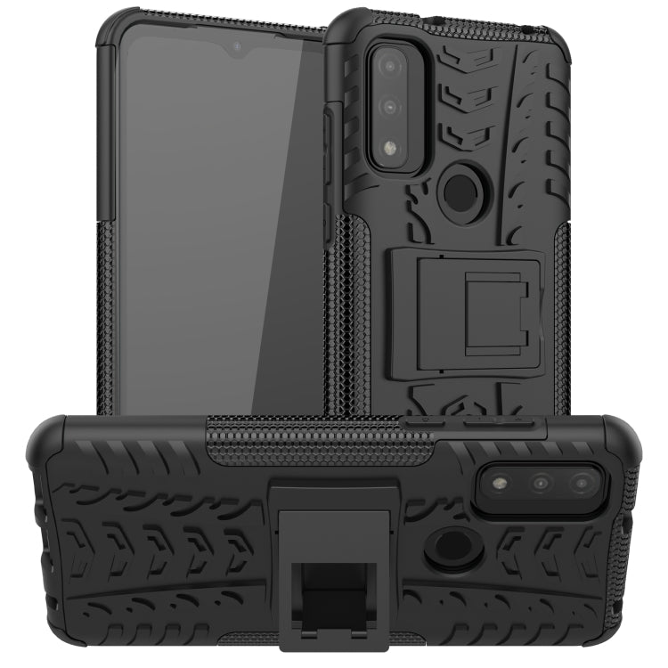 Shockproof phone case with holder, black tire-texture TPU/PC shell and camera cutout