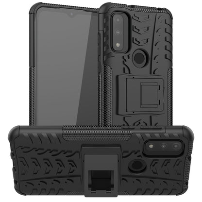 Shockproof phone case with holder, black tire-texture TPU/PC shell and camera cutout