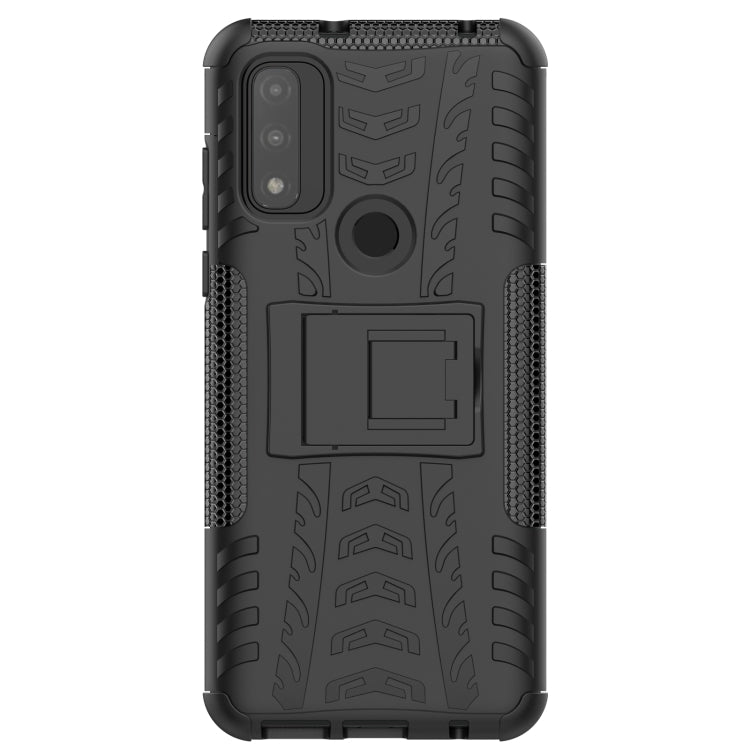 Shockproof phone case with holder, black tire-texture back panel and camera cutout