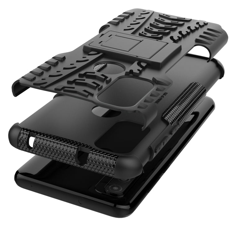 Shockproof phone case with holder, black tire-texture TPU/PC with stand extended