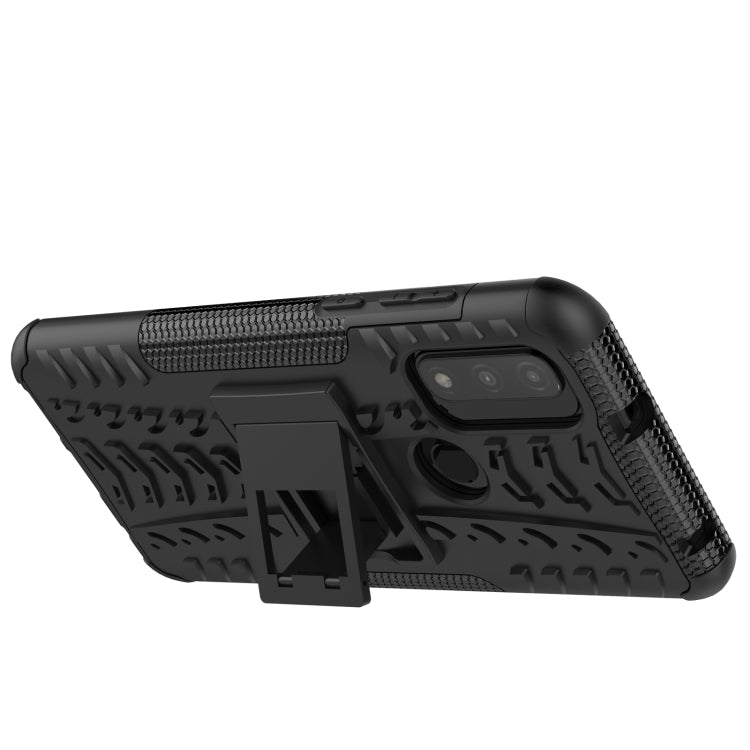 Shockproof phone case with holder, black tire-texture side grip and camera cutout