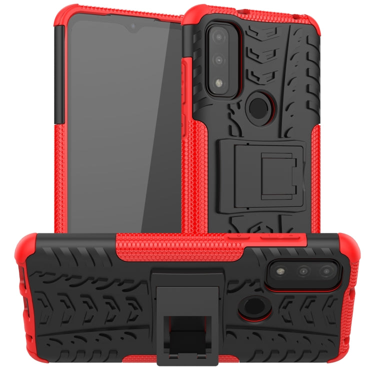 Shockproof phone case with holder, red tire-texture TPU/PC shell and camera cutout