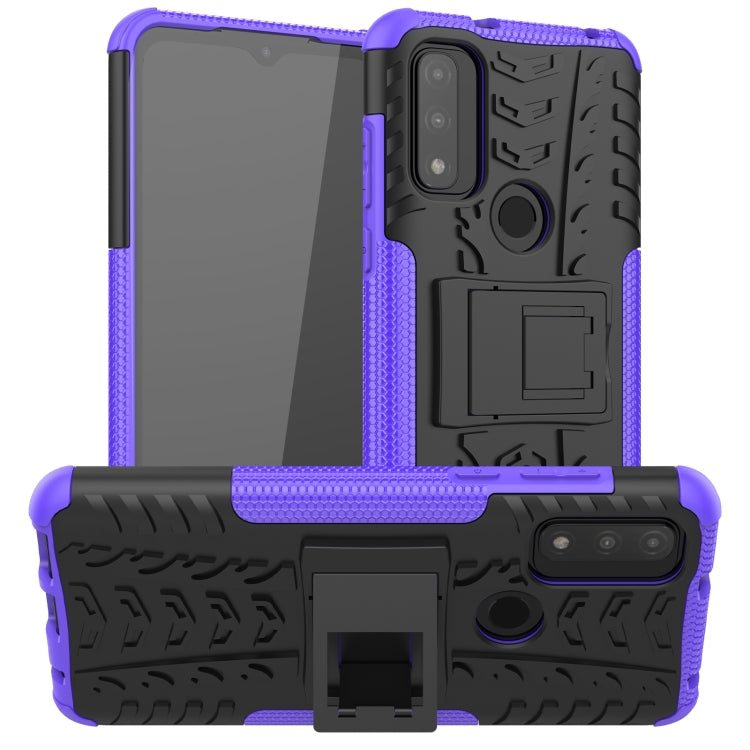Shockproof phone case with holder, purple tire-texture TPU/PC shell and camera cutout