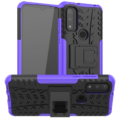 Shockproof phone case with holder, purple tire-texture TPU/PC shell and camera cutout