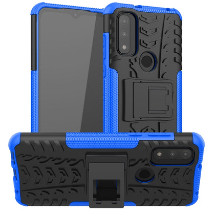 Shockproof phone case with holder, blue tire-texture TPU/PC shell and camera cutout