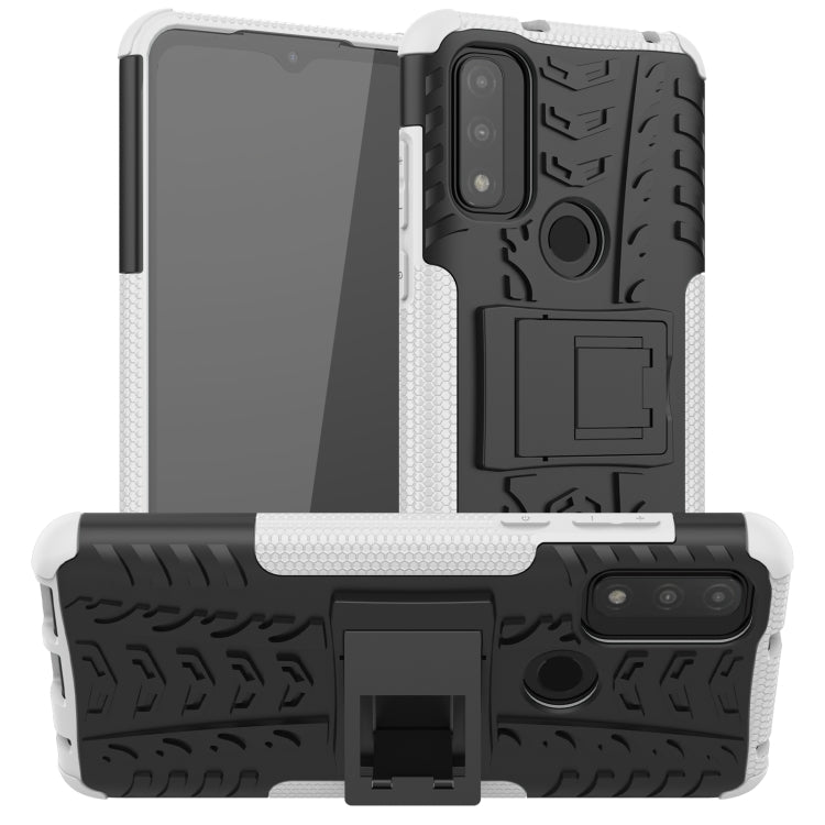 Shockproof phone case with holder, white and black tire-texture TPU/PC shell and camera cutout