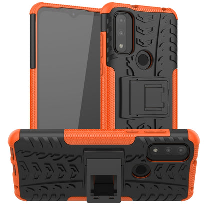 Shockproof TPU+PC phone case with kickstand, orange and black textured grip
