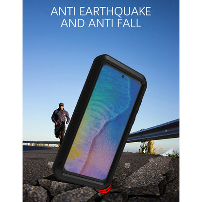 Black shockproof phone case with tempered glass, raised screen edge for protection