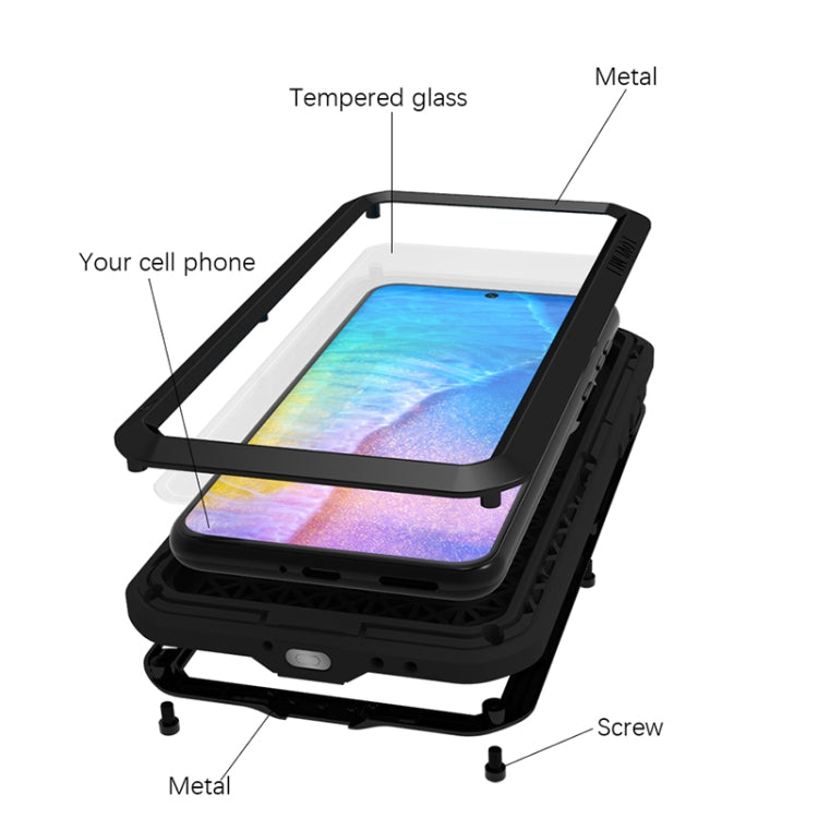 Shockproof waterproof phone case with tempered glass and metal bumper frame