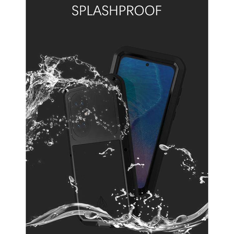 Black splashproof phone case with tempered glass and rugged shock protection