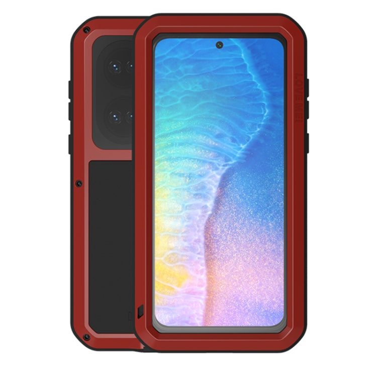 Red shockproof phone case with tempered glass and rugged metal bumper frame