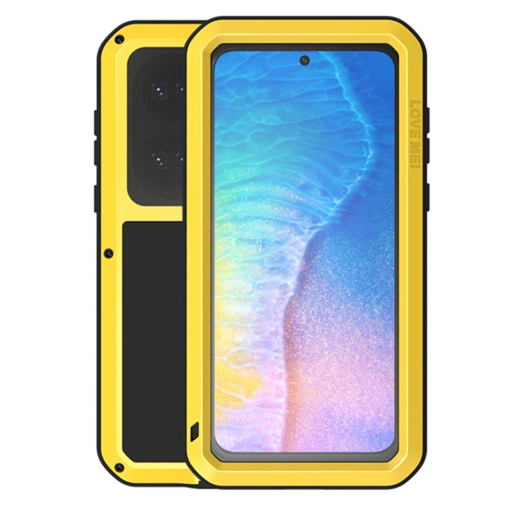 Yellow protective phone case with clear glass screen cover and rugged metal frame.