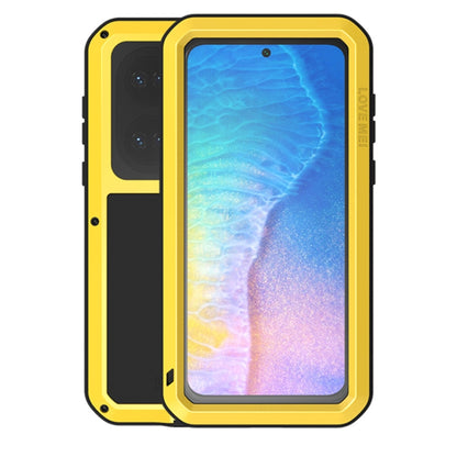 Yellow protective phone case with clear glass screen cover and rugged metal frame.