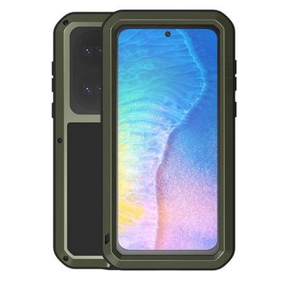 Dark green protective phone case with clear glass screen cover and rugged metal edges.