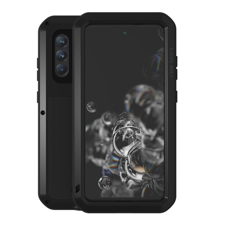 Black protective phone case with clear front glass and camera cutouts, rugged metal frame.