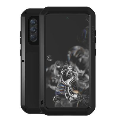 Black protective phone case with clear front glass and camera cutouts, rugged metal frame.